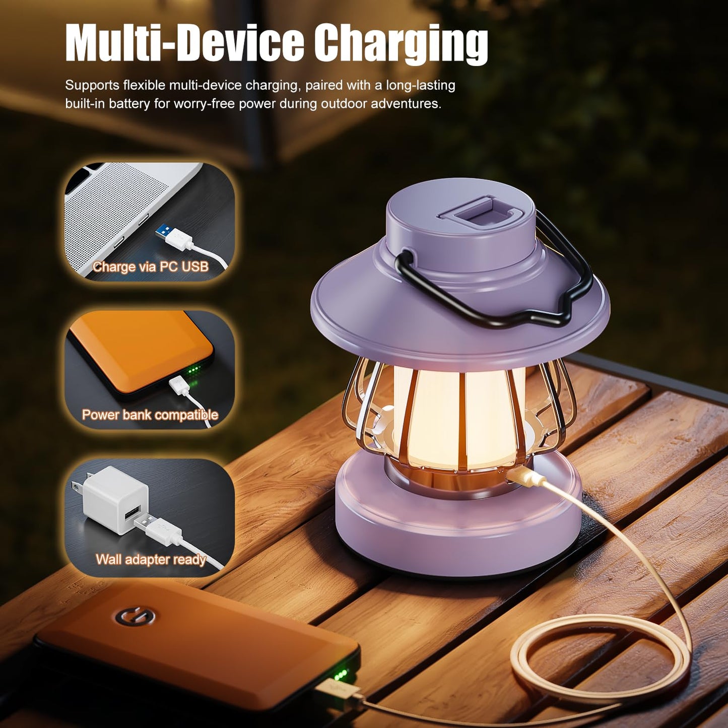 V.C.Formark Retro Snail Kids Lantern - USB Rechargeable LED Night Light, 3-Color Dimmable, Plastic, Purple, Model VC-CA-Purple