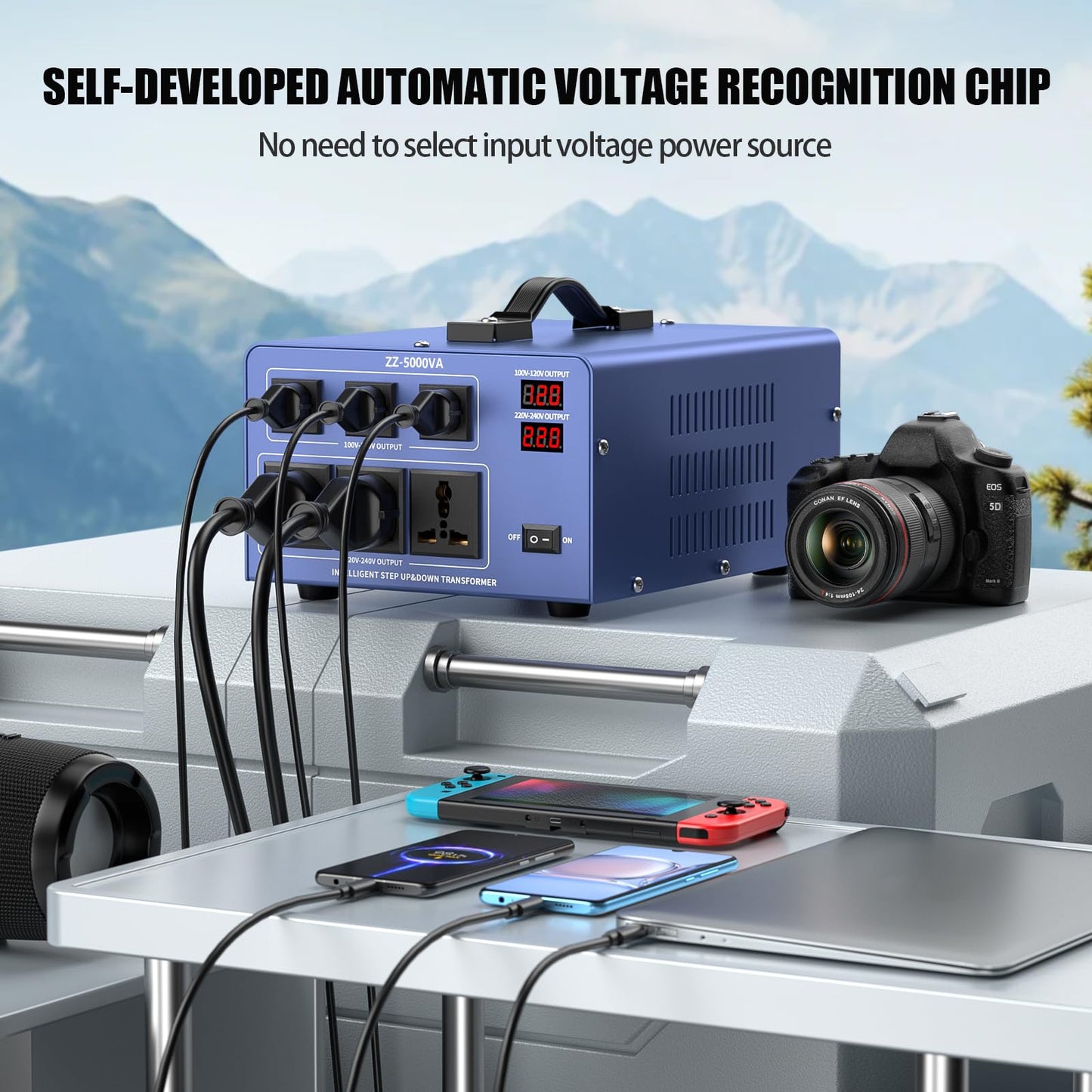 5000W Voltage Converter Transformer Step Up/Down 110V/120V to 220V/240V, Auto Voltage Recognition, Heavy Duty Power Converter with 6 Outlets, LCD Display & Circuit Breaker for Home, International Use