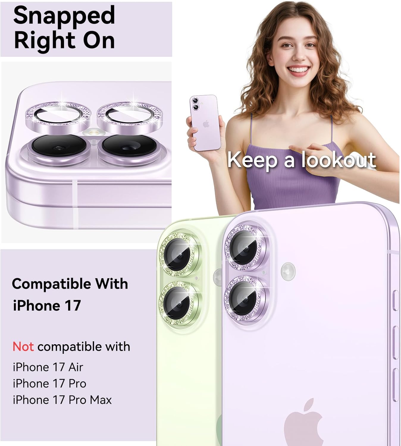 17 9H Matekxy for iPhone Camera Lens Protector Glitter - Cute Girly Metal Individual Bling Ring Cover for Women