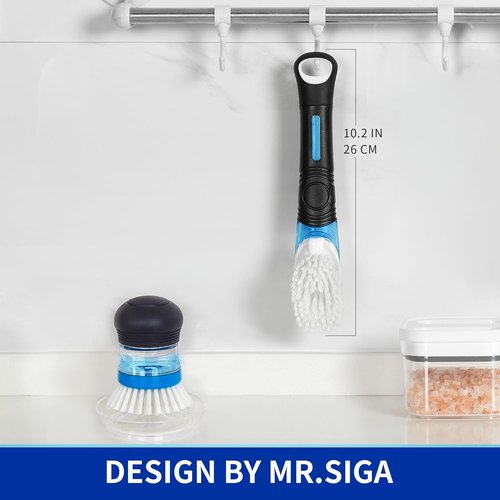 MR.SIGA Soap Dispensing Dish Brush - Efficient Kitchen Cleaning Tool for Pots & Pans | Black, Set of 2