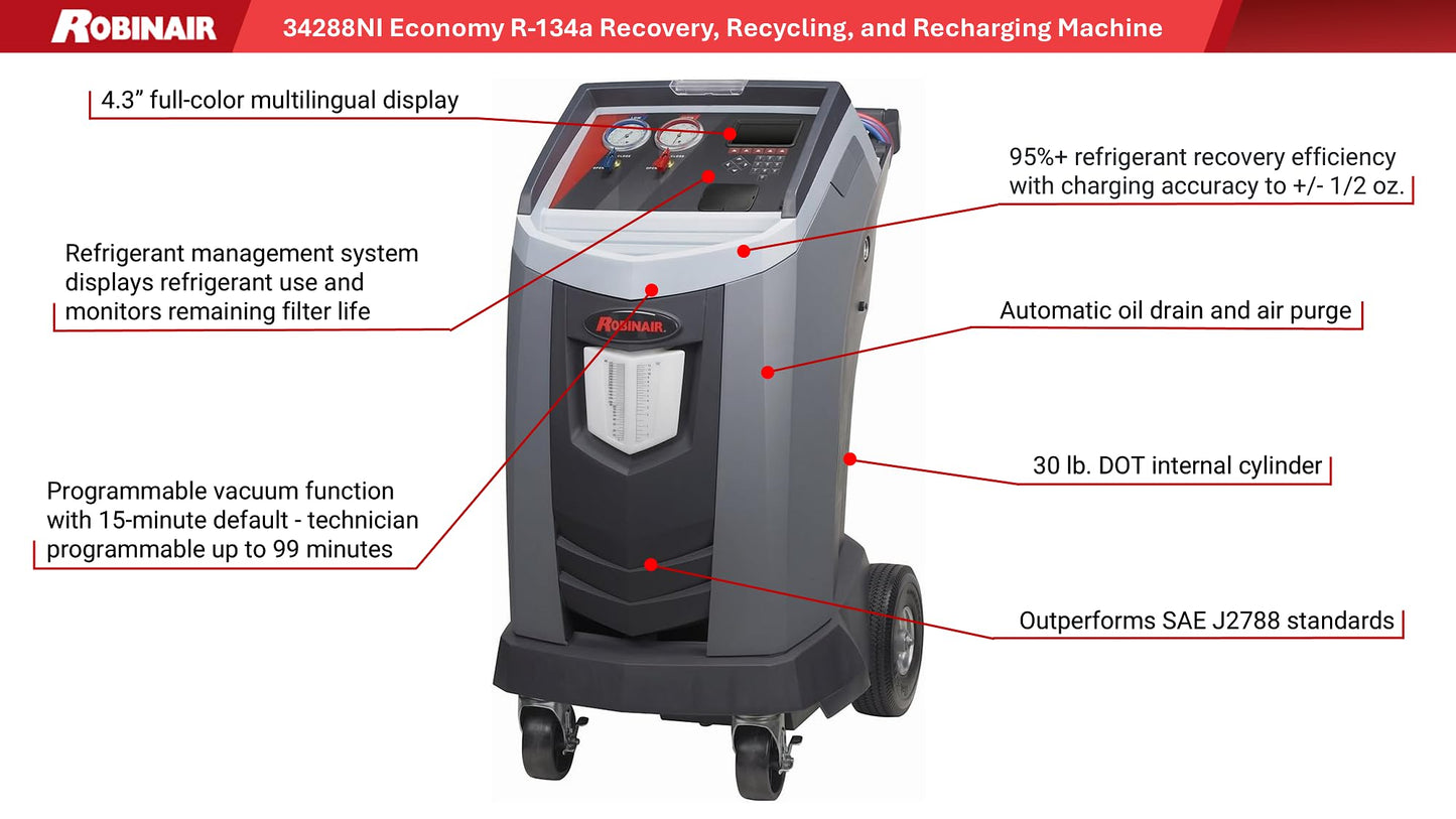 Robinair 34288NI Economy R-134a Refrigerant Recovery, Recycling, and Recharging Machine for Standard (Non-Hybrid) Automotive A/C Systems