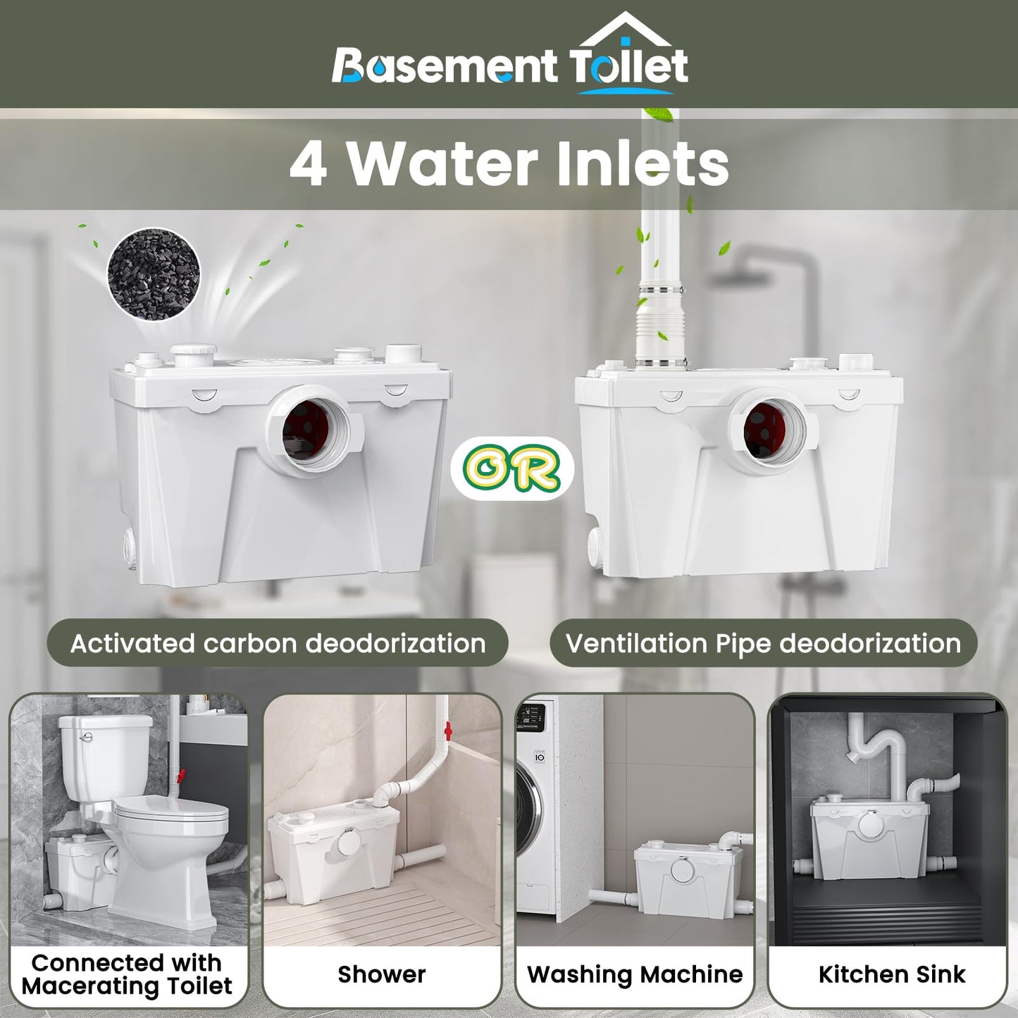 Macerating Toilet with 4 Water Inlets – Upflush Toilet System with Macerator Pump for Basement, Bathroom, Kitchen, and RV Installation – Round Bowl Toilet with Tank & Extension Pipe