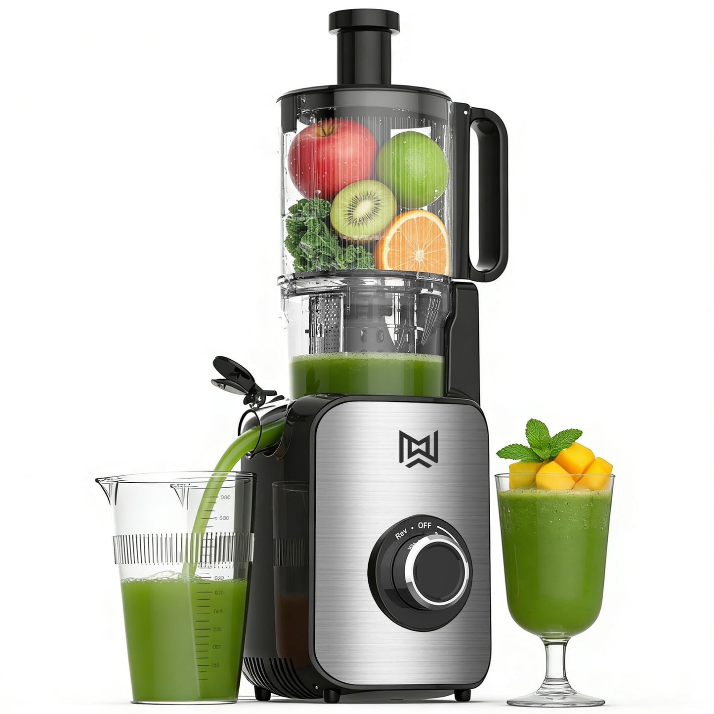 IWODTECH Cold Press Juicer,Stainless Steel Material,Juicer Machines with 5.0Inch Wide Feed Chute,Slow Masticating Juicer for Vegetables and Fruits with High Juice Yield,Large Auger,Easy to Clean