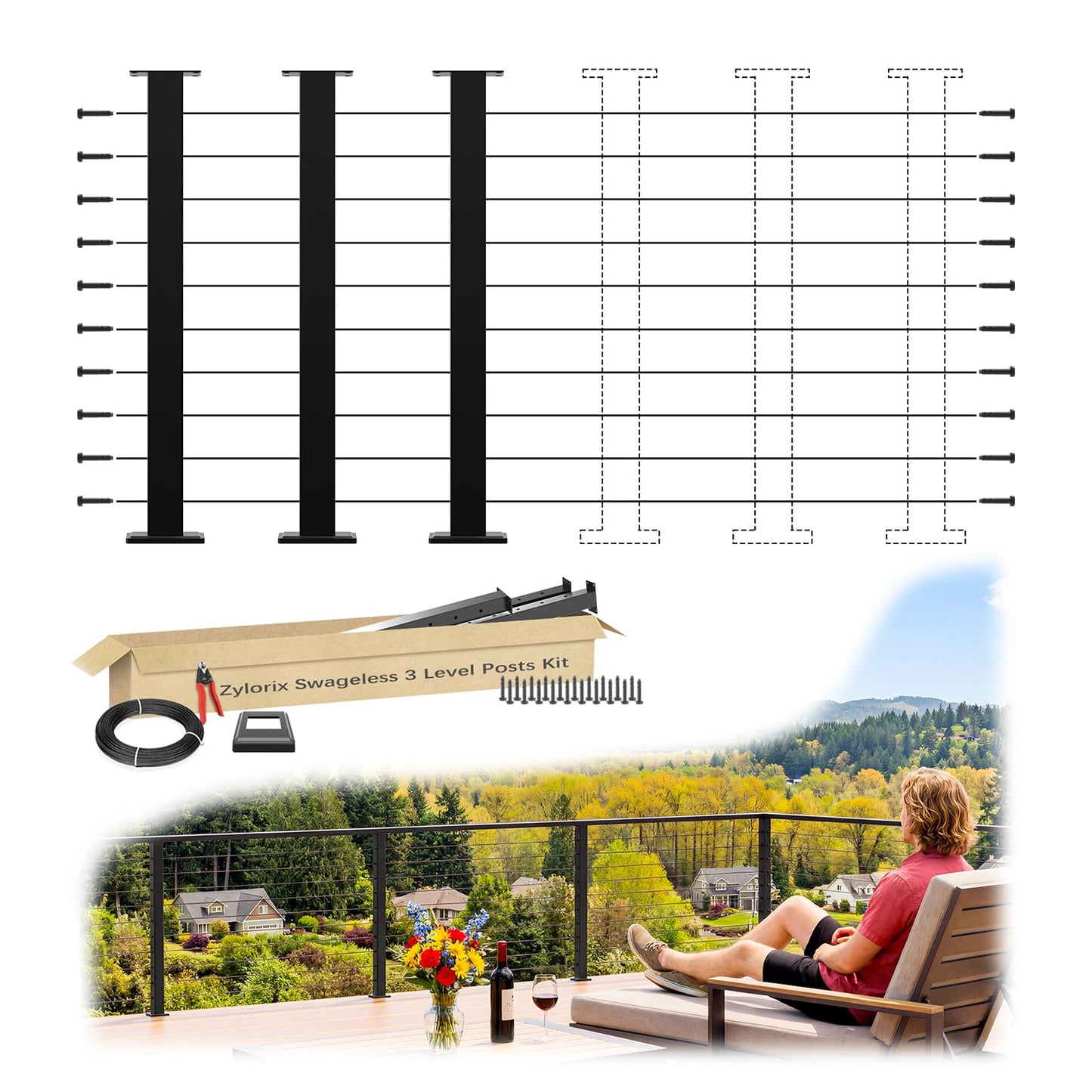 Zylorix Modular Swageless 8-20FT Complete Set 36" Cable Railing Post Kit, 3Pack Black Level Drilled Line Posts(35"x2"x2"), Patent Reusable Deck Cable Railing System Kit, 1/10" Wire Rope(No Handrail)