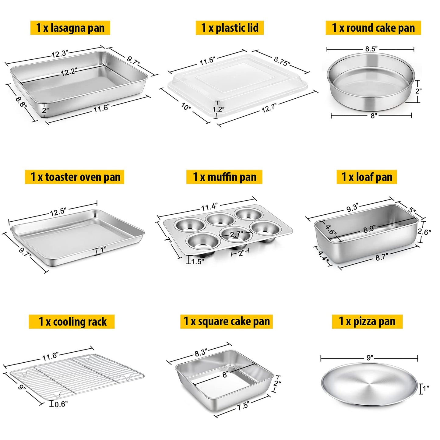 Bakeware Sets, P&P CHEF 9-Piece Stainless Steel Baking Pans Set, Round/Square Cake Pan, Toaster Oven Pan, Lasagna Pan, Loaf Pan, Pizza Pan, Muffin Pan, Dishwasher Safe & Durable, Healthy & Non-toxic