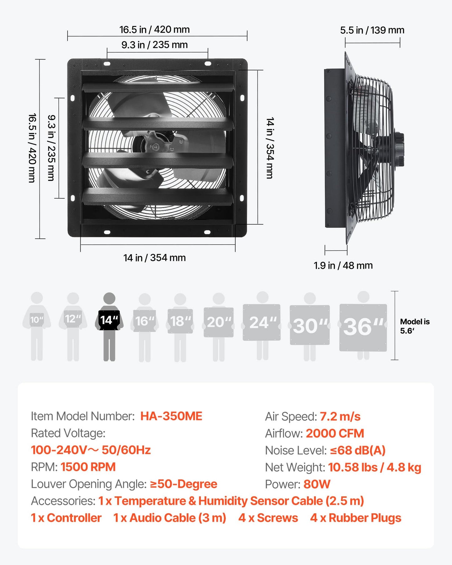 VEVOR 14 inch Exhaust Fan, Wall Mounted Attic Fan with Variable Speed, Temperature & Humidity Controller, 2000 CFM, Automatic Shutter