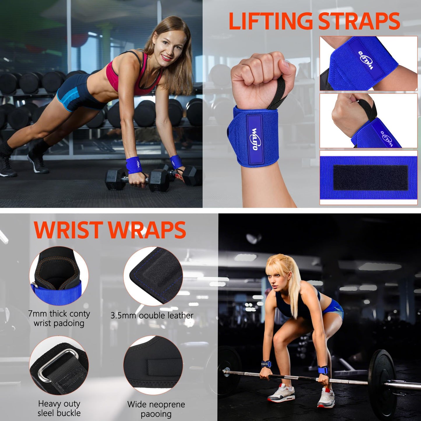 WALITO 8Pcs Barbell Pad Set for Hip Thrust - Squat Pad,Gym Accessories for Women with Bar Bad,Bench Press, with Gym Ankle Straps,Resistance Bands for Working Out,Lifting Strap,Carry Bag (Blue Black-10)