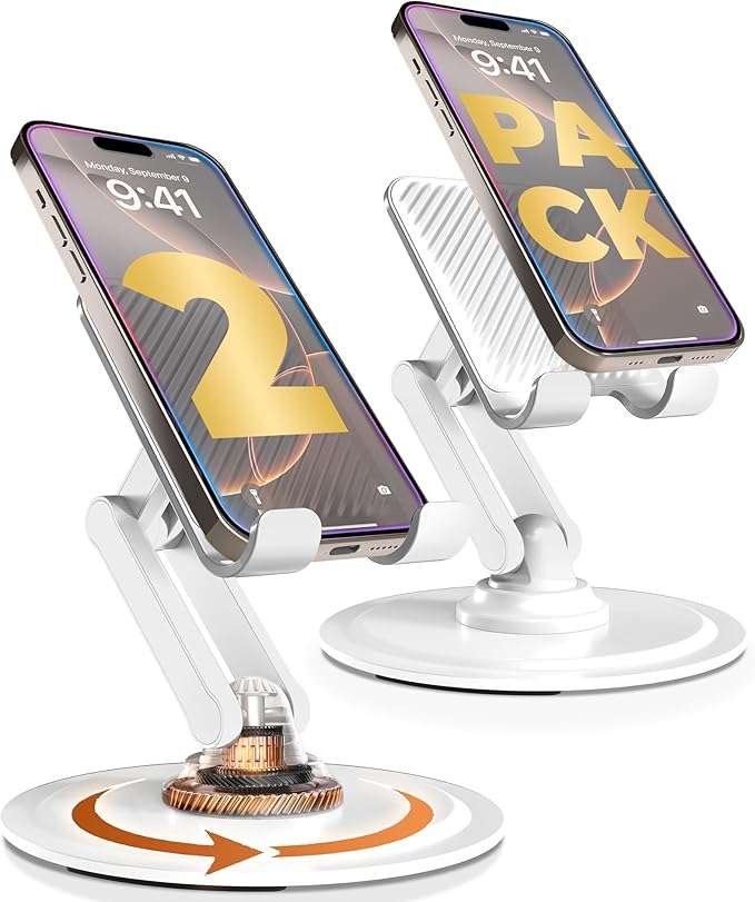 COOPER 360° Stand, [Gift Family Pack], Rotating Cell Phone Stand for Desk, Cell Phone Holder for Desk, iPhone Stand Holder, Sturdy Metal Base, Fits Samsung, Android Smartphones, (Cream White, 2-Pack)