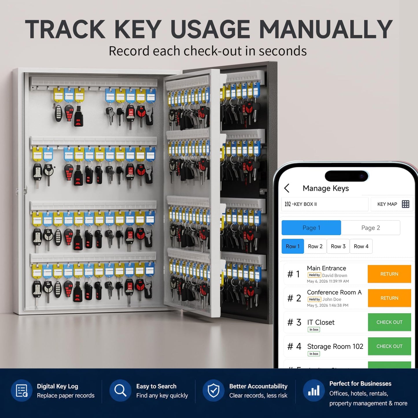 WeHere 192-Key Smart Key Lock Box with Key Management App(Track Key Borrow/Return), Keypad, Bluetooth & WiFi Unlock (Sold Separately), Wall-Mount Commercial Key Cabinet for School, Rental, Office