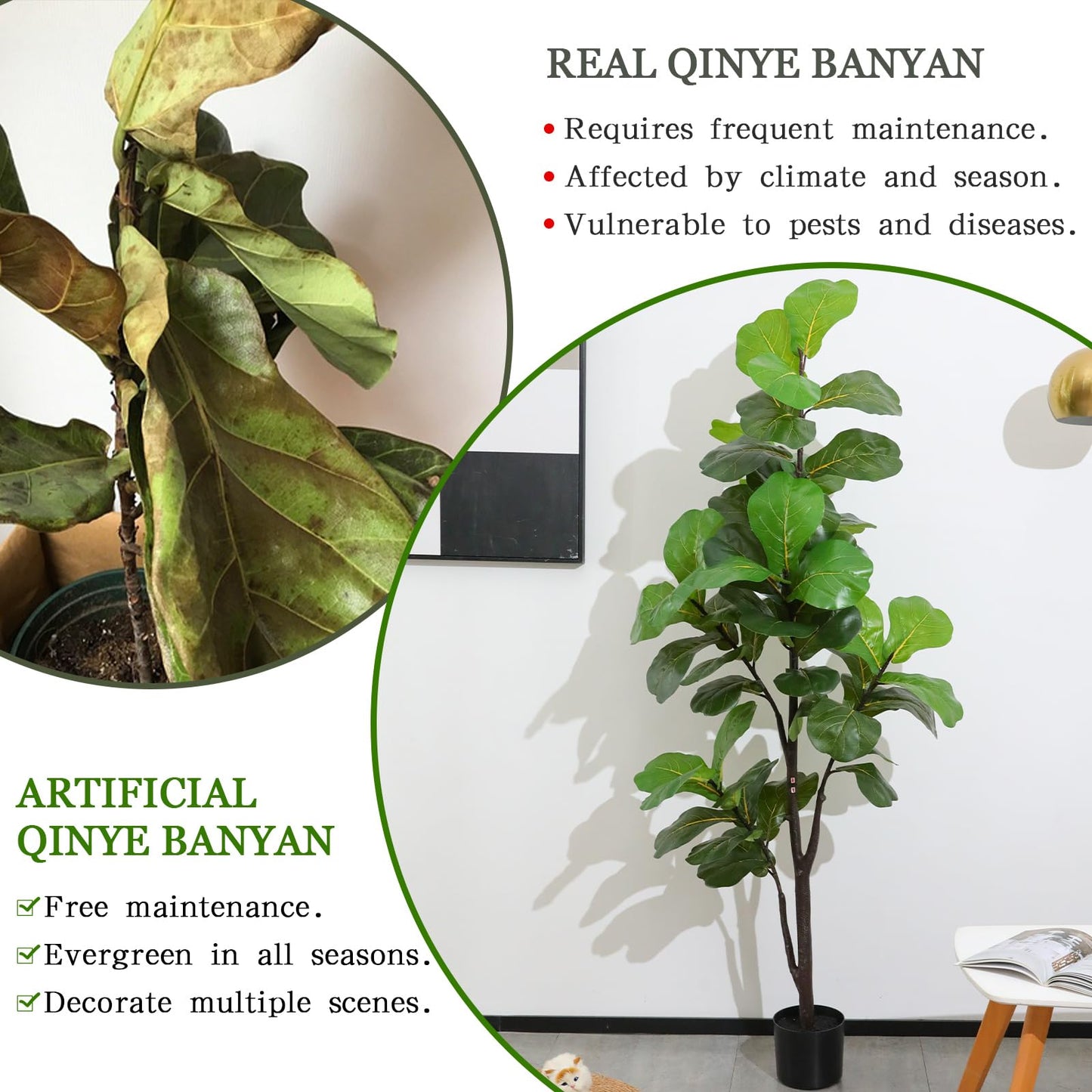 LUWENER 6ft Artificial Fiddle Leaf Fig Tree Plant,Fake Ficus Lyrata in Pot,Ficus Faux Plant Artificial Trees for Office Indoor Outdoor Garden Living Room Home Decor 1PCS-71in