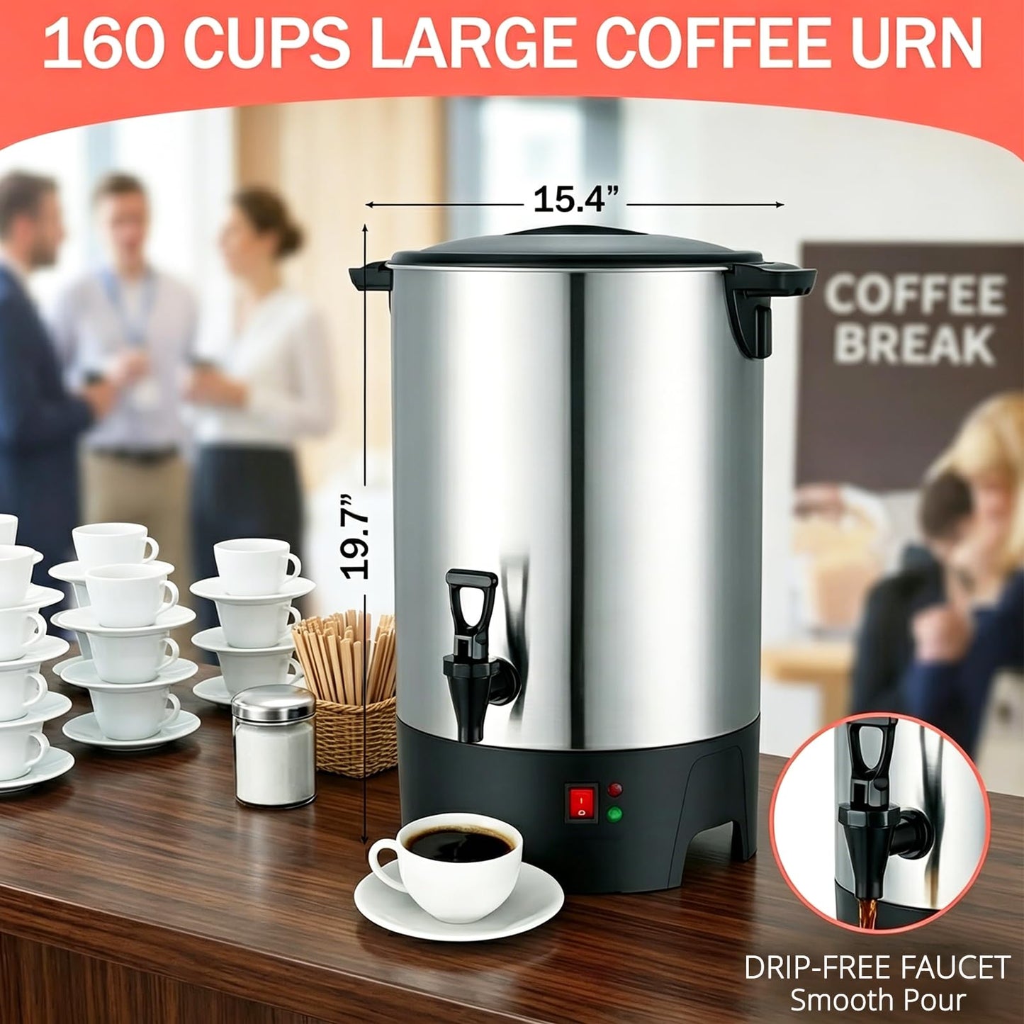 Large Commercial Coffee Urn 160 Cup Percolate Coffee Maker Stainless Steel Hot Beverage Dispenser with Cool-Touch Handles, Quick Brewing for Catering, Business, Church, Restaurant, Wedding, Gathering
