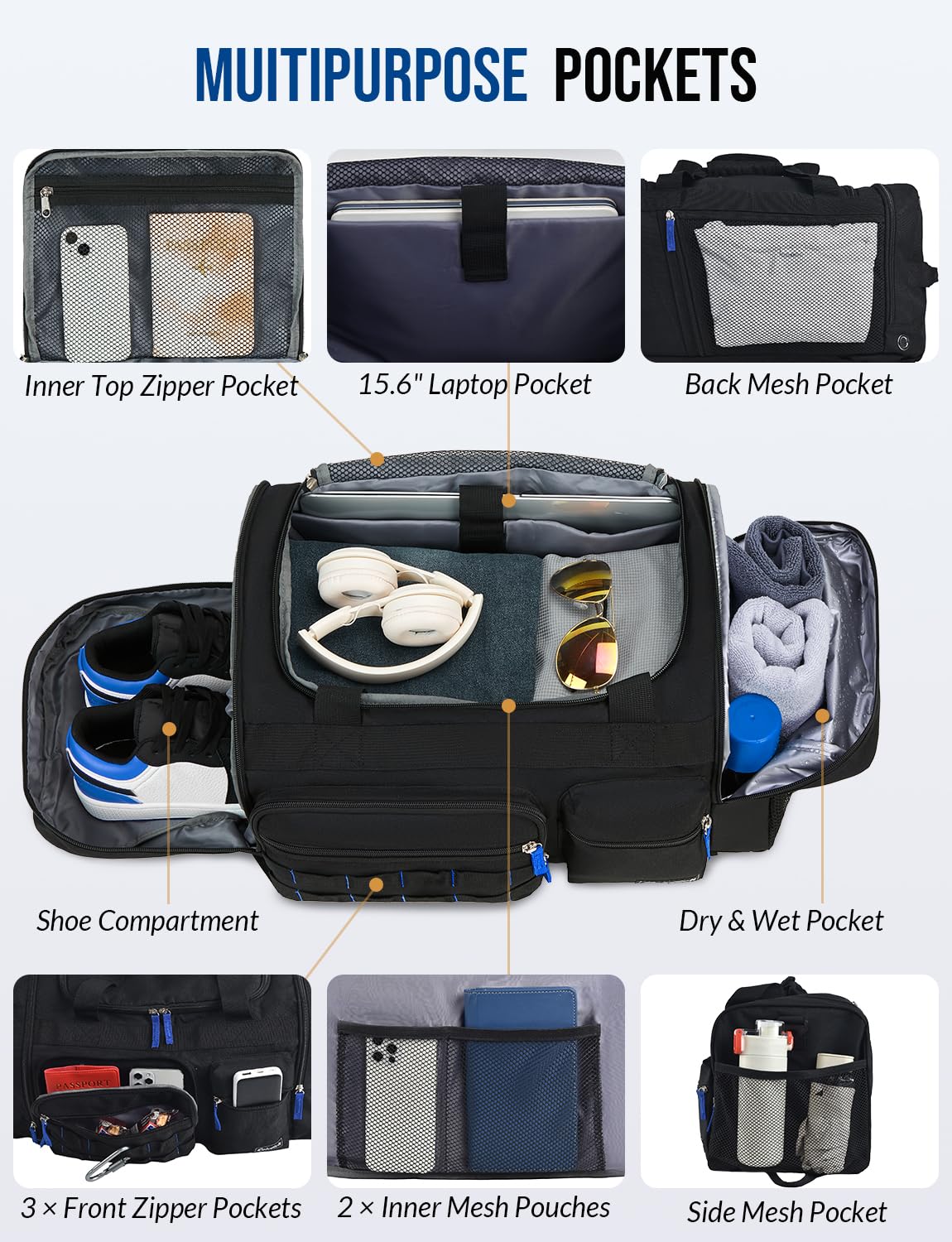 Celvetch Gym Bag for Men Women with Shoes Compartment 3-in-1 Sports Travel Duffel Bag Multipurpose Weekender Overnight Backpack with Wet Pocket - Black
