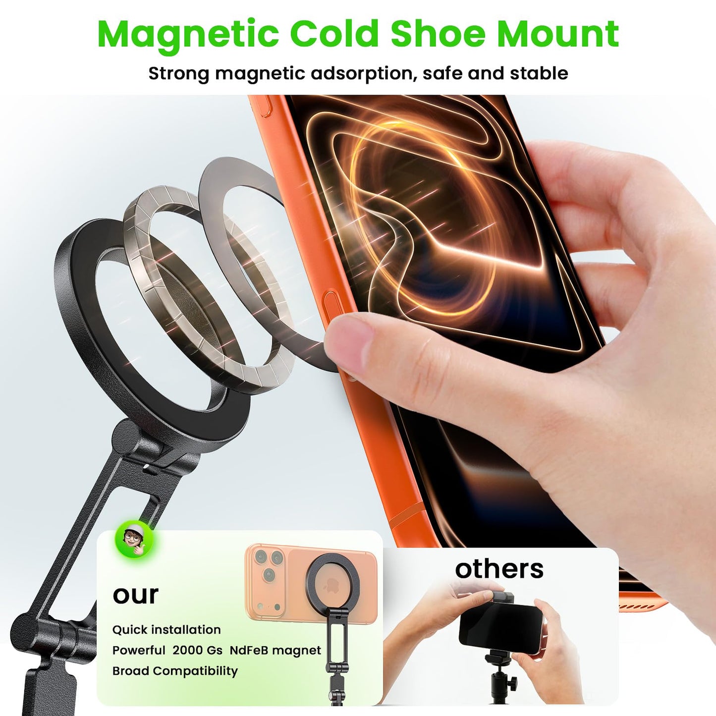LOXP Magnetic Phone Tripod Mount with Cold Shoe, Adjustable Aluminum Alloy Phone Mount, Phone Tripod Holder Adapter with 1/4" Screw, Camera Mount for iPhone 17/16/15/14/13/12 Series