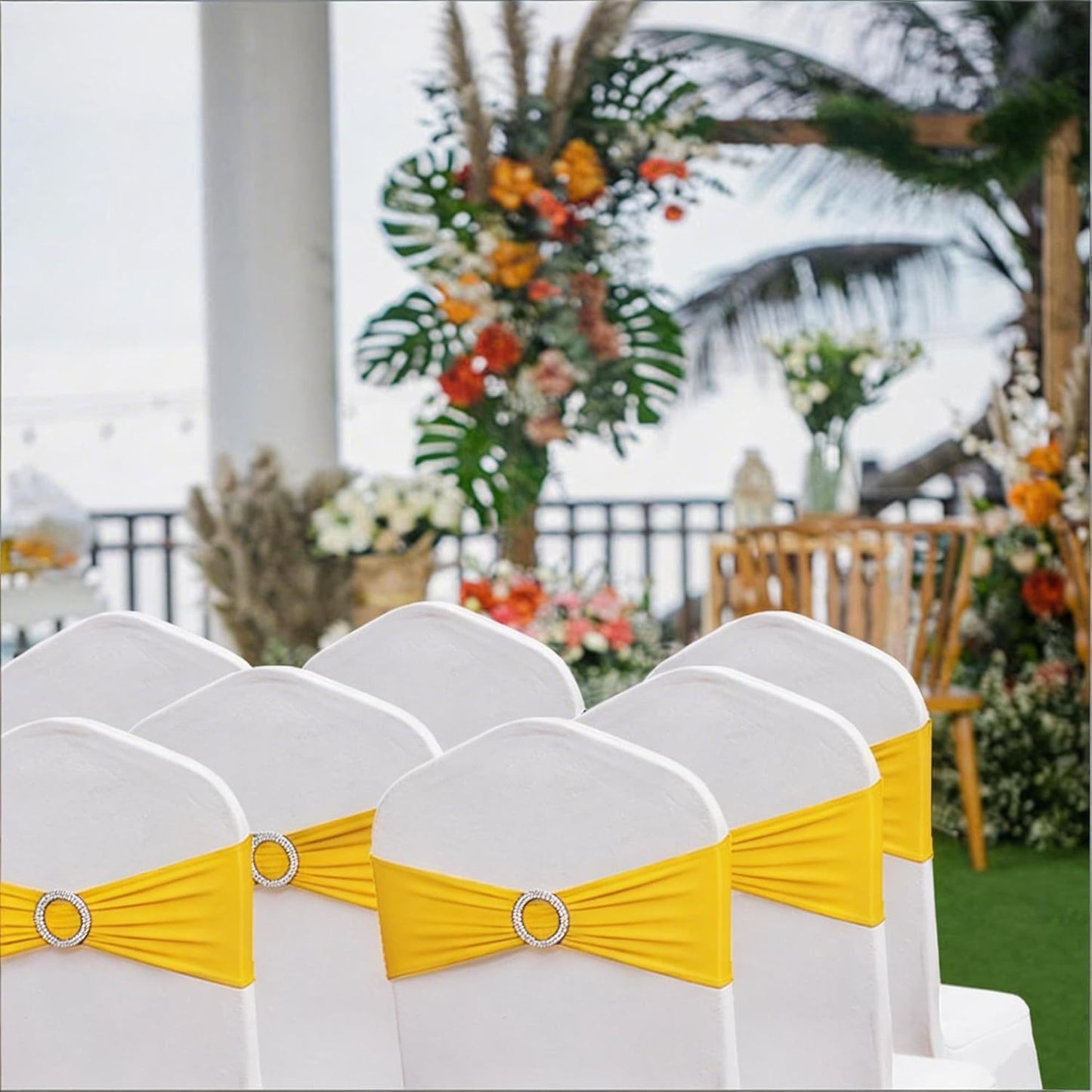 Skiennix Spandex Yellow Chair Sashes - Pack of 50 Elegant Bows with Buckles for Weddings & Events