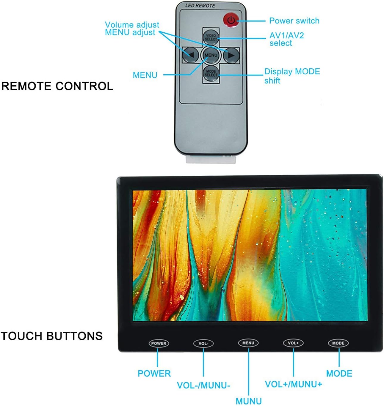 CAMWORLD 7 Inch 1024x600 178 Portable Monitor with HD IPS Screen, HDMI/VGA/AV Inputs, Remote Control, Built-in Speaker