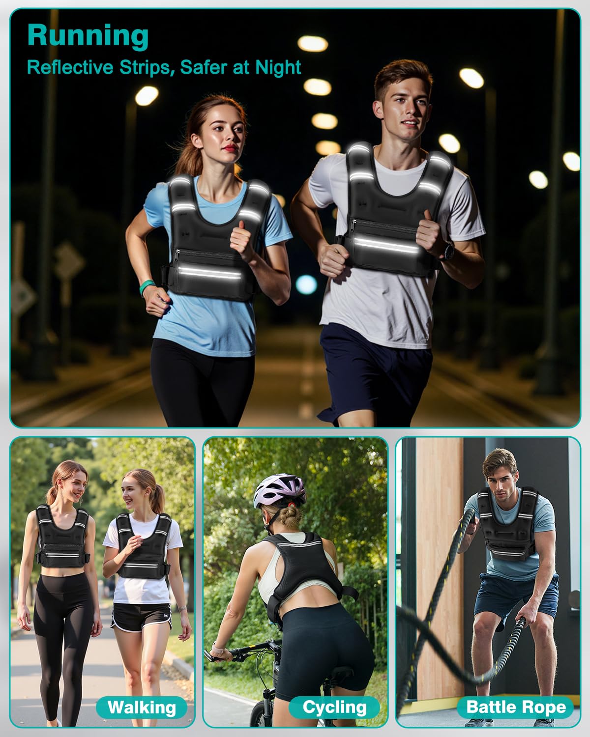 Mieakvool Weighted Vests for Women Men, 8 12 16 20 lb Weighted Vest with Storage Pockets, Rucking Vest with Reflective Stripe, Adjustable Straps Weight Vest for Running, Walking, Workout, Training
