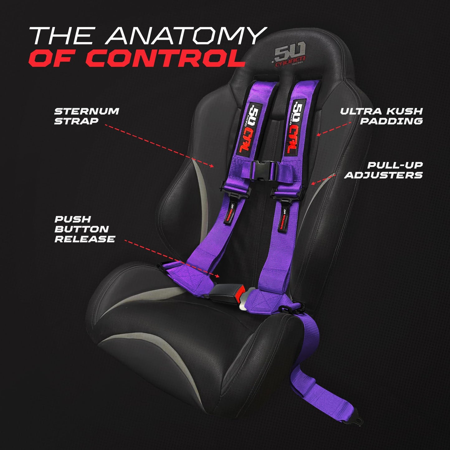 50 Caliber Racing 1pc 2" Purple 4 Point Harness, Racing Harness 4 point with Push Button Release, UTVs, Race Cars and Trucks [6036]