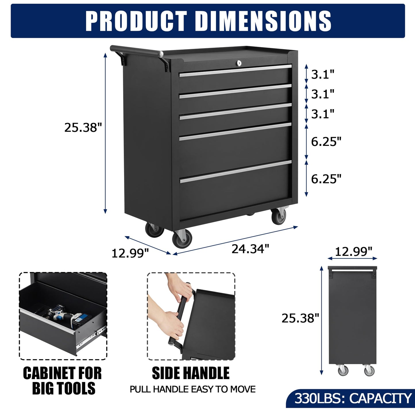 GarveeLife 5-Drawer Tool Box 24" Garage Tool Box with Key Lock and Removable Drawer Liners, Wheeled Design, Suitable for Garages, Warehouses, Workshops, and Repair Shops - Black