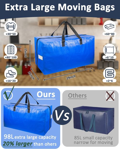 Extra Large Moving Bags - Heavy Duty Storage Tote with Strong Handles & Smooth Zipper | 4 Pack for Clothes & Dorm Essentials