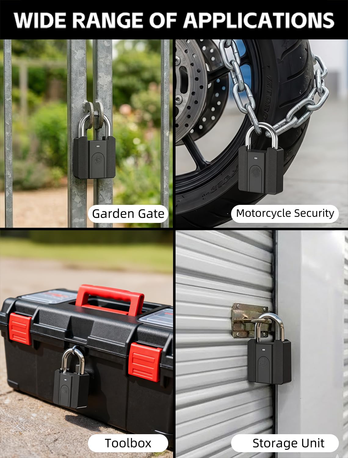 Smart Fingerprint Padlock with Key Backup, Stores 20 Prints, IPX5 Waterproof, Keyless Lock with CR2032 Battery for Gym Locker, Gate, Fence & Shed (Black)