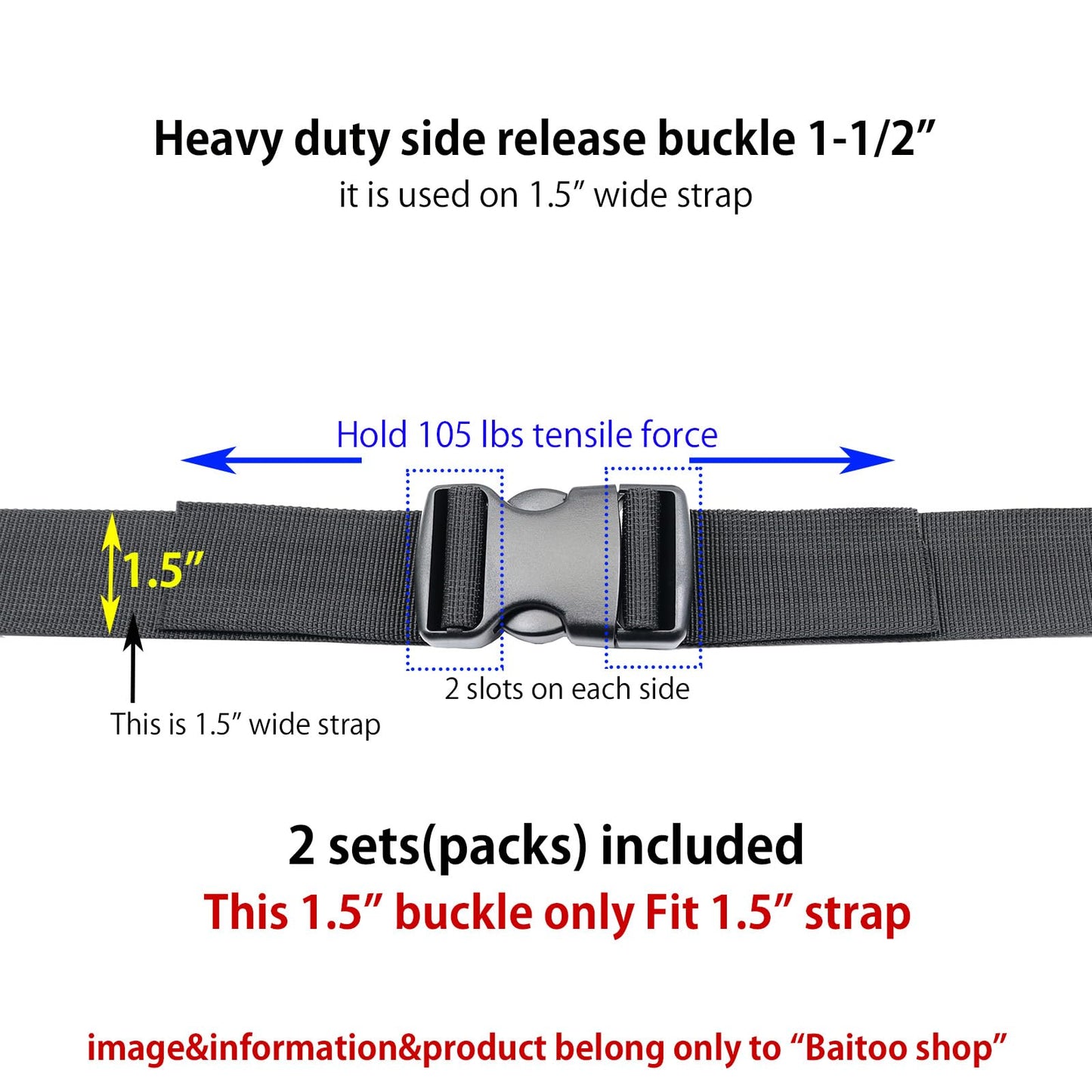 Baitoo Quick Side Release Buckles 1 1/2 inch Heavy Duty Plastic Buckle Clips 1.5" Belt Snap Buckle Clasp Backpack Buckle Replacement for Strap 1.5 inch (1.5inch(38mm)-2 Sets)