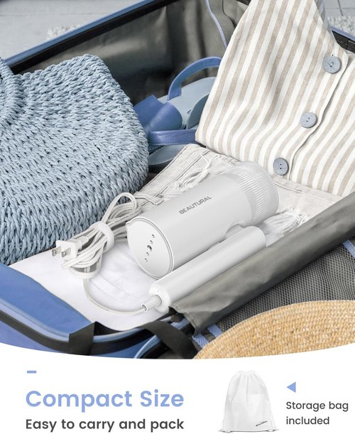 Beautural Portable Clothes Steamer - Fast 30s Heat-Up, Handheld & Foldable Design, White