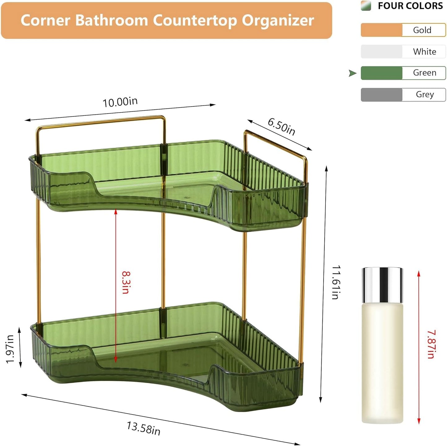 Skiennix Corner Bathroom Counter Organizer - 2-Tier Makeup & Perfume Shelf in Green