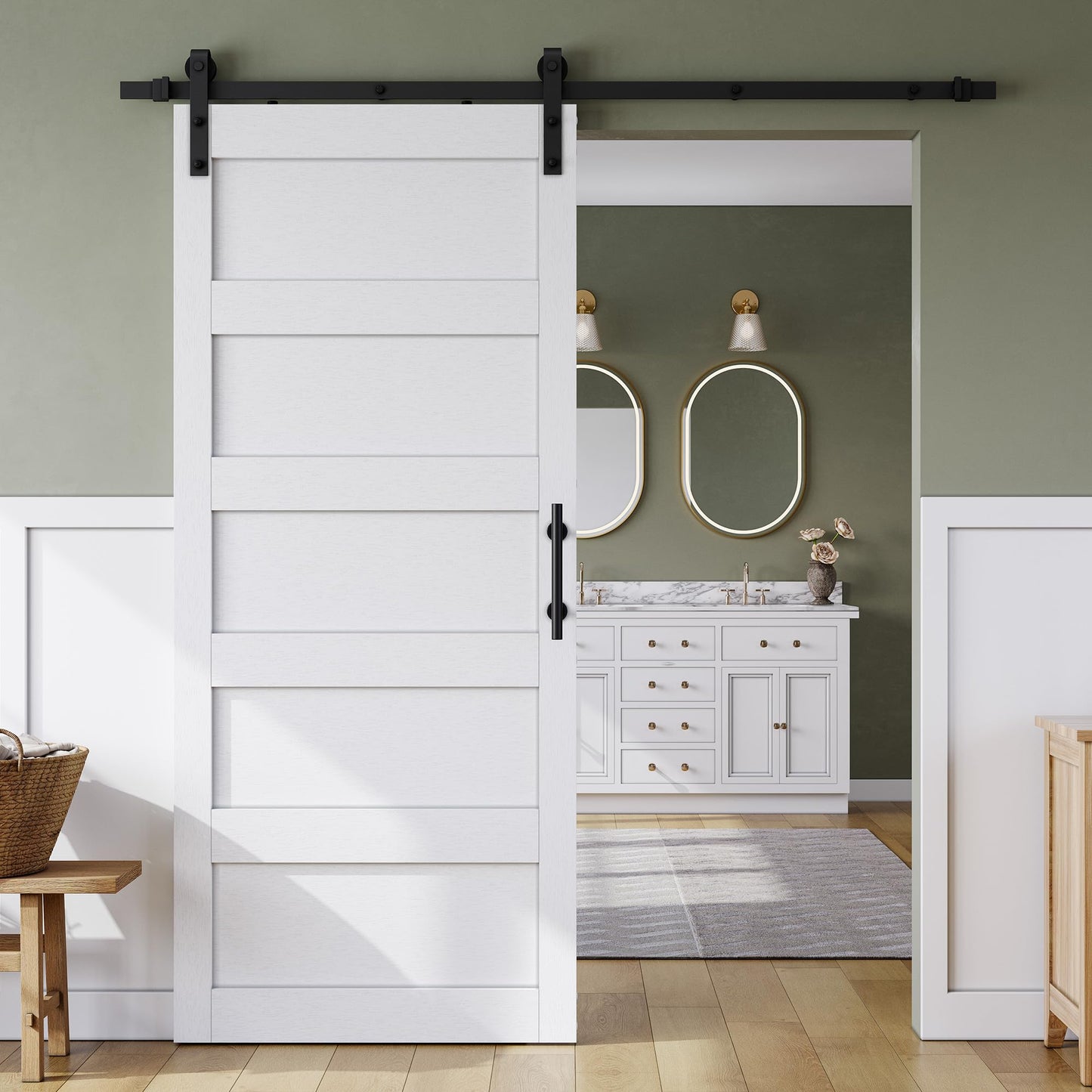SmartStandard 36in x 84in Sliding Barn Door with 6.6FT Barn Door Hardware Track Kit & Handle, Waterproof PVC Surface, Pre-Drilled Holes Easy to Assemble, Solid, MDF, White, 5-Panel
