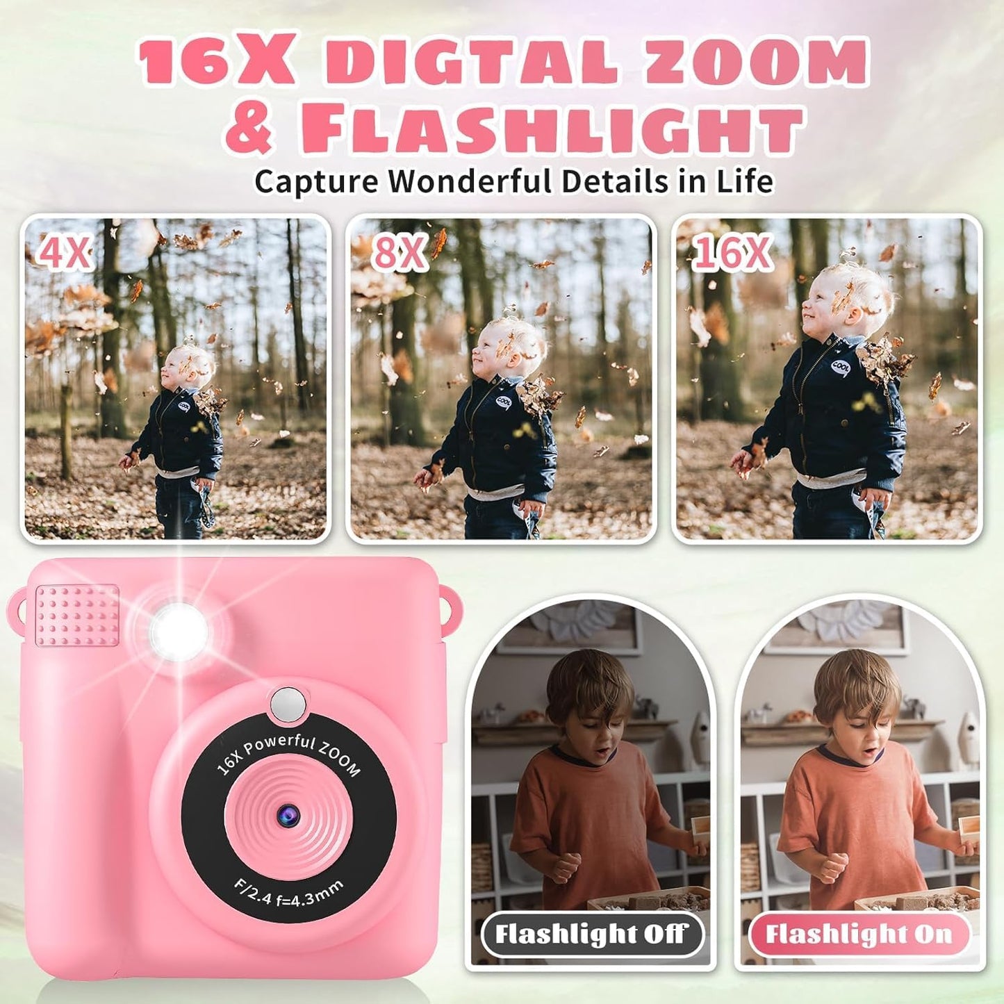 WEEFUN 16X 32G 2.4Screen 4 5 6 7 8 9 10 Kids Camera Instant Print, Safe Toddler Camera, HD Digital Cameras Digital Zoom