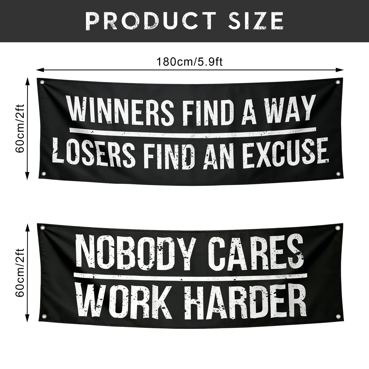 Motivational Banners Set - Gym and Office Wall Decor with 4 Grommets - Heavy-Duty 13oz Vinyl UV Print Indoor/Outdoor Posters - Losers Find An Excuse, Nobody Cares Work Harder (2 x 6 FT)