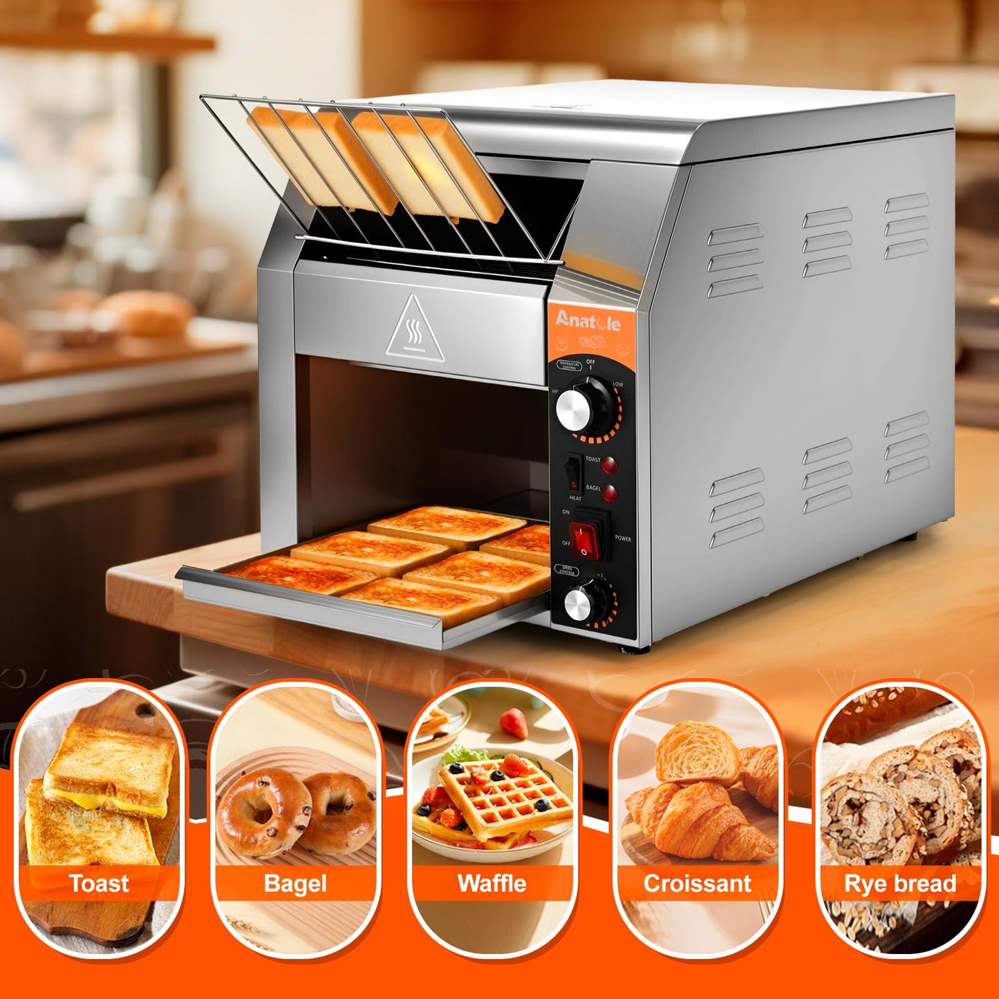 Anatole Commercial Conveyor Toaster 400 Slices/Hour Stainless Steel Electric Toaster Oven Heavy Duty 1700W for Bun Bagel Bread Waffle Coissant Buffet Restaurant Cafe Hotel