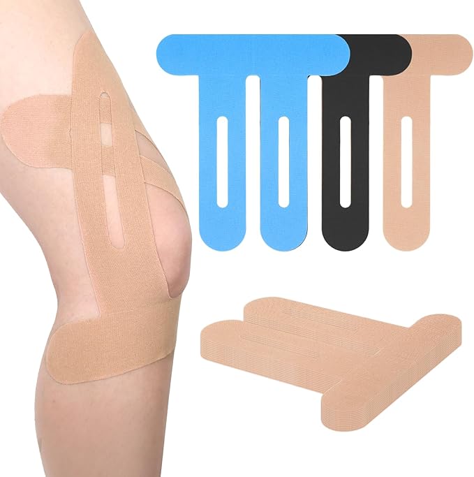 12 Pcs Precut Kinesiology Tape for Knees，Knee Tape for Knee Pain Relief Pre Cut，Waterproof, Breathable, Hypoallergenic Athletic Tape for Support and Protection (Rice-White)