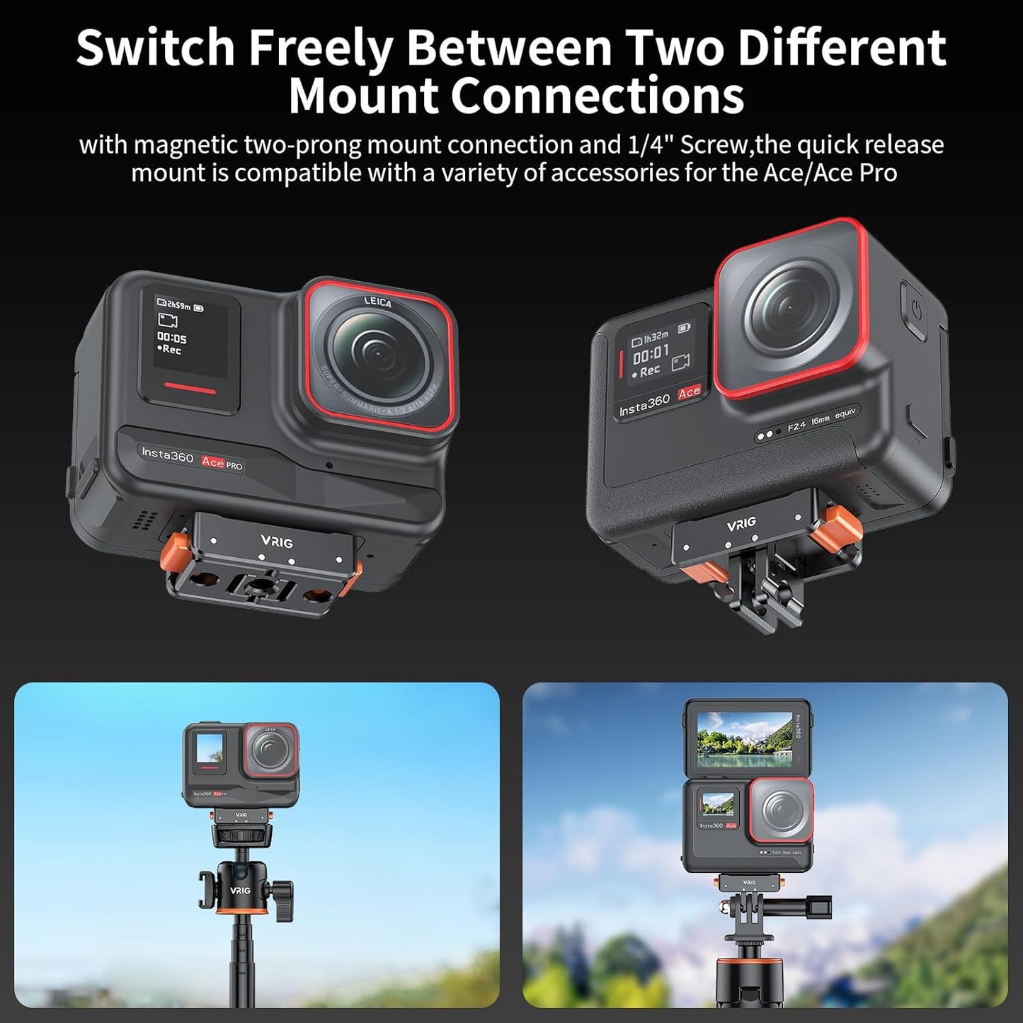VRIG Select X5 Insta360 Pro2, Insta360 X5/X4 1/4" 2-Prong VRIG Magnetic Quick Release Mount for Ace Aluminum Alloy