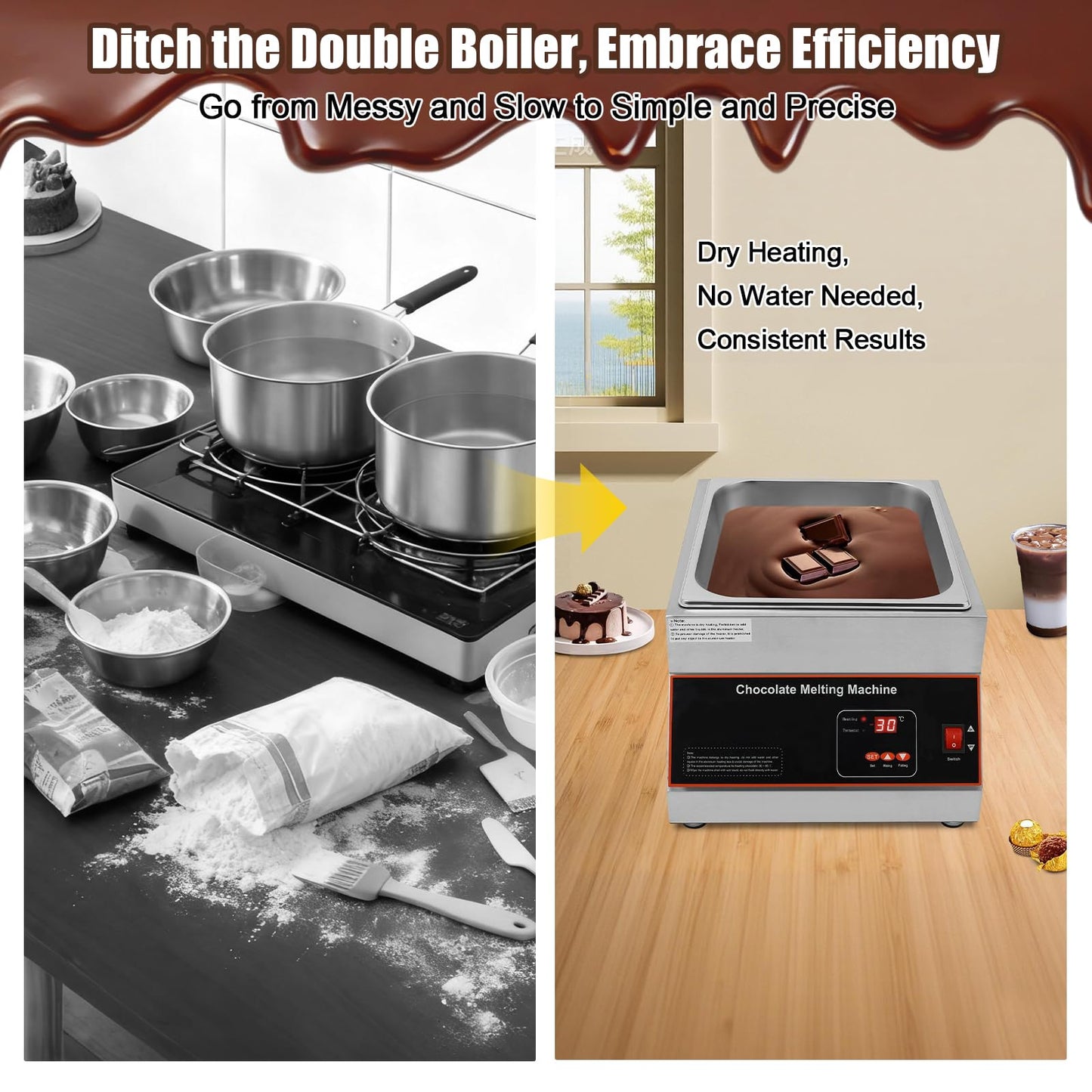 Headery Chocolate Tempering Machine, 26.46 lbs Commercial Chocolate Melting Pot, 500W 32-203°F Stainless Steel Food Warmer with Lid for Chocolate/Milk/Cream Melting and Heating (One Pots)