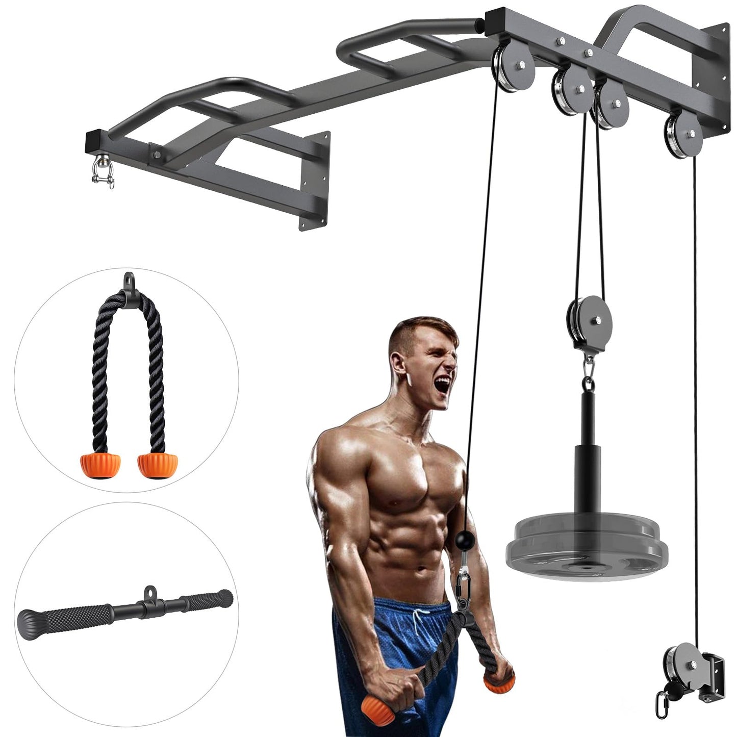 Kipika 48" Ceiling Mounted Pull Up Bar, Heavy Duty Multi-Grip Chin Up Bar,Mounted Pullup Bar, Adjustable Height, Pull Up Bands for Chin Ups & Body Stretching, Ideal for Home Gym and Strength Training (48" Cable Pulley System)