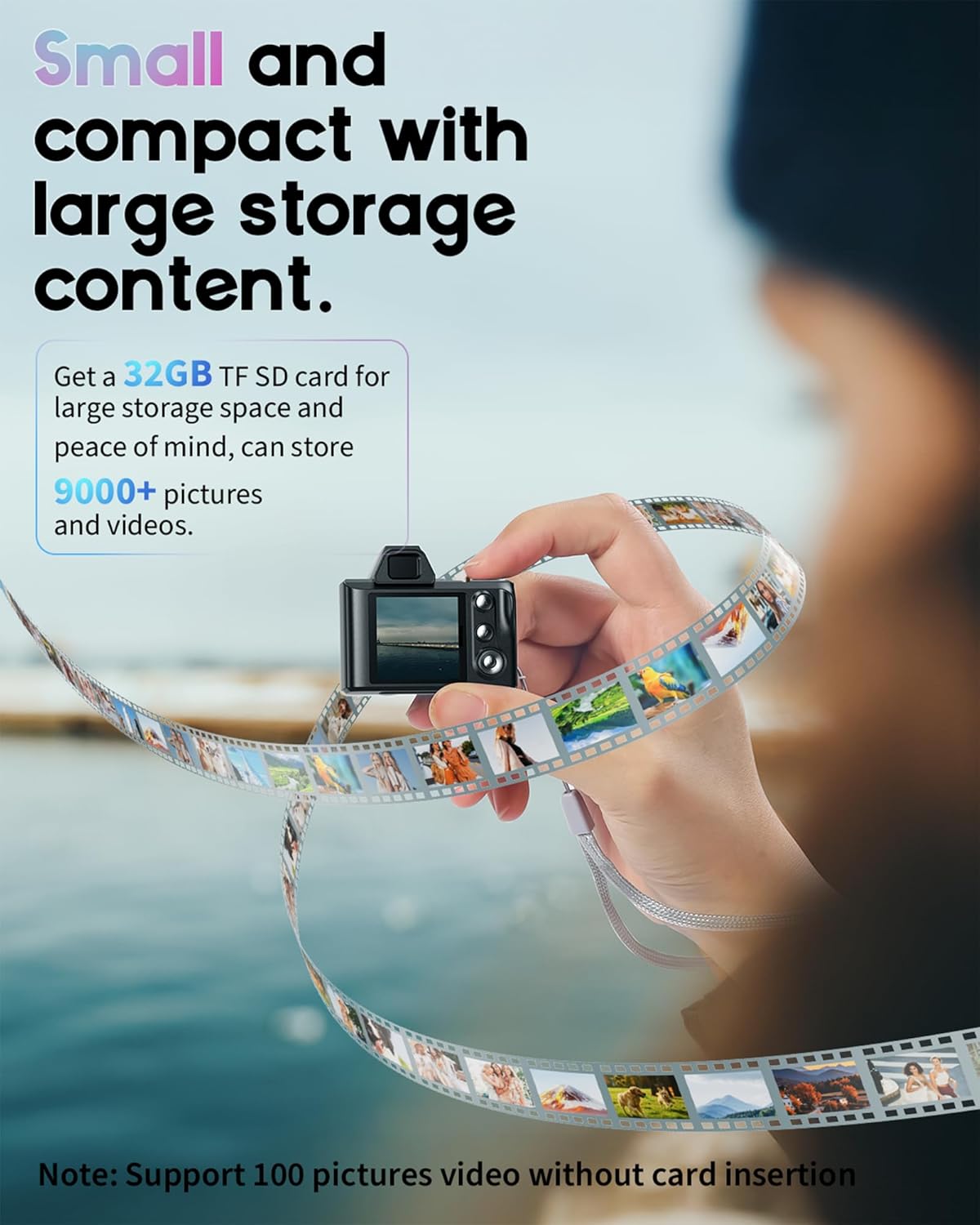 WZVZ 1080P 32GB Mini Digital Camera, Portable Camera for Photography with SD Card, Key Card Clip Chain for Teenagers