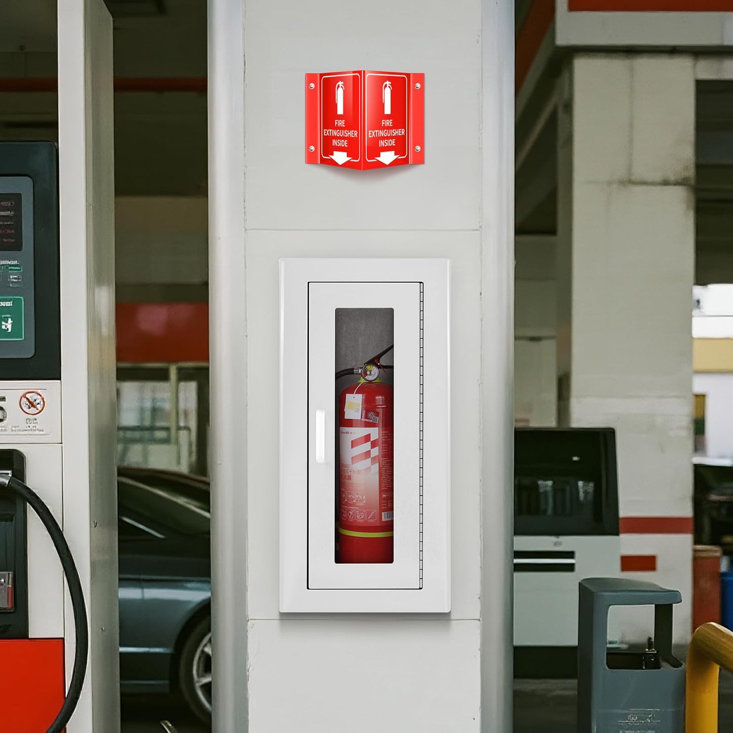 Tripolss Fire Extinguisher Recessed Wall Cabinet, Galvanization Steel Fire Extinguisher Box with Magnetic Door, Suitable for 10 Lb Fire Extinguishers, Equipped Acrylic High-Position Sign (White)