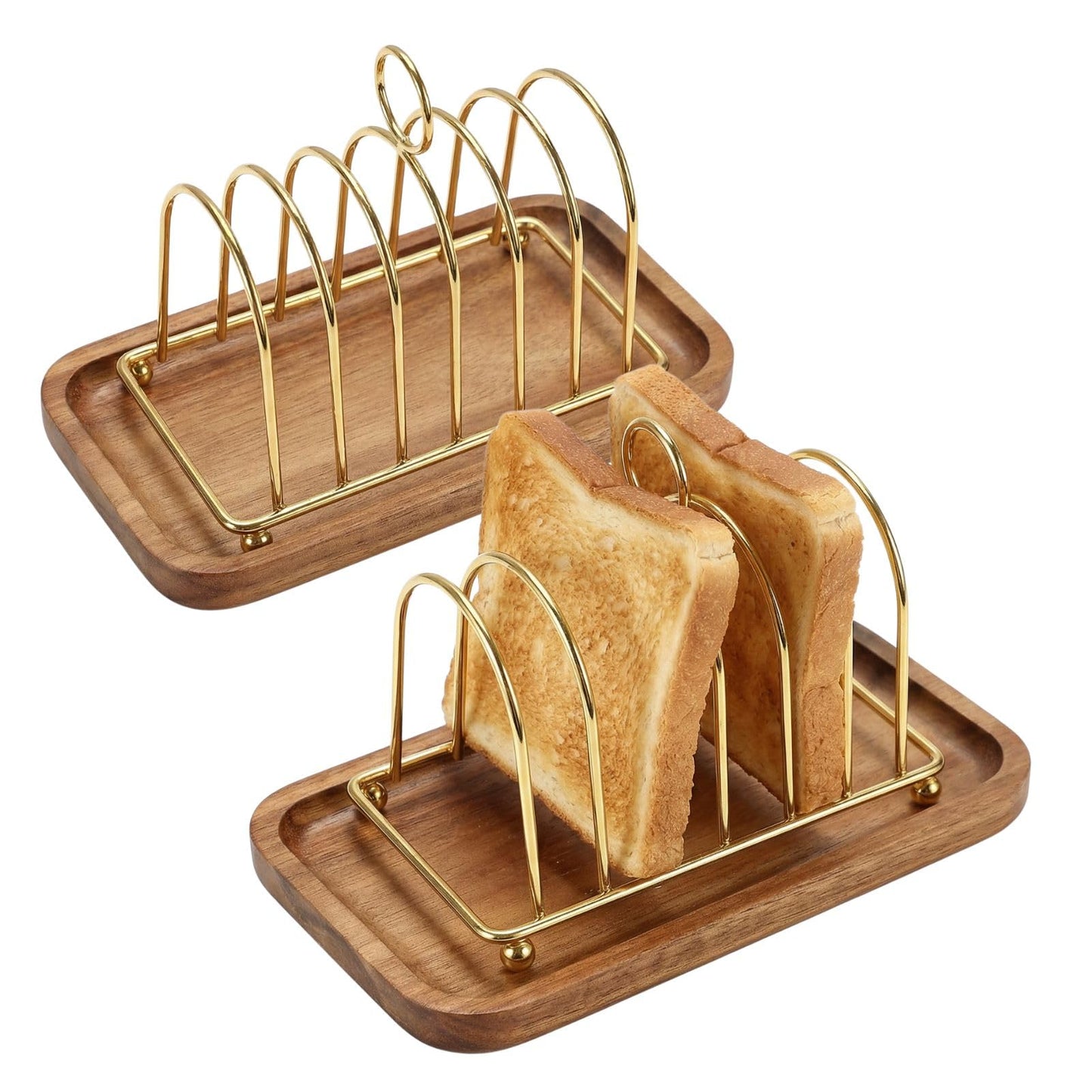 GOVNPJ Toast Rack, Set of 2 Gold 6-Slice Bread Holders, Victorian Style Stainless Steel Toast Stand with 2 Acacia Wood Trays, for Breakfast, Buffet and English Afternoon Tea