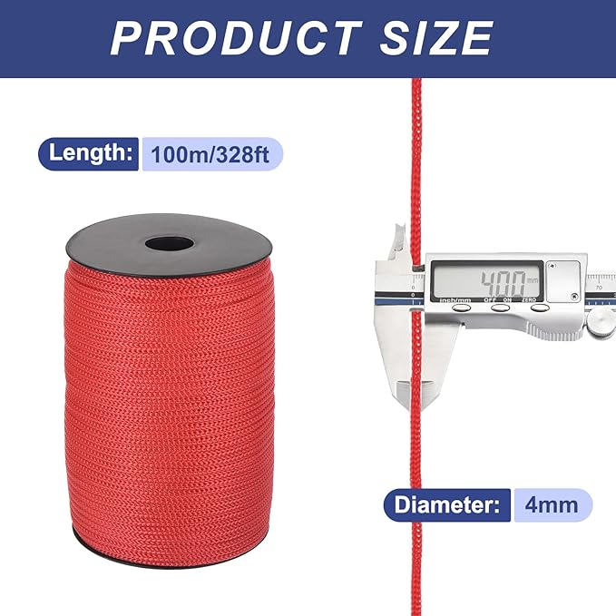 MECCANIXITY 5/32 Inch Polypropylene Rope Braided Ropes, 328ft Camping Rope Hollow Utility Cord for Clothesline, Hiking, Outdoor, Red