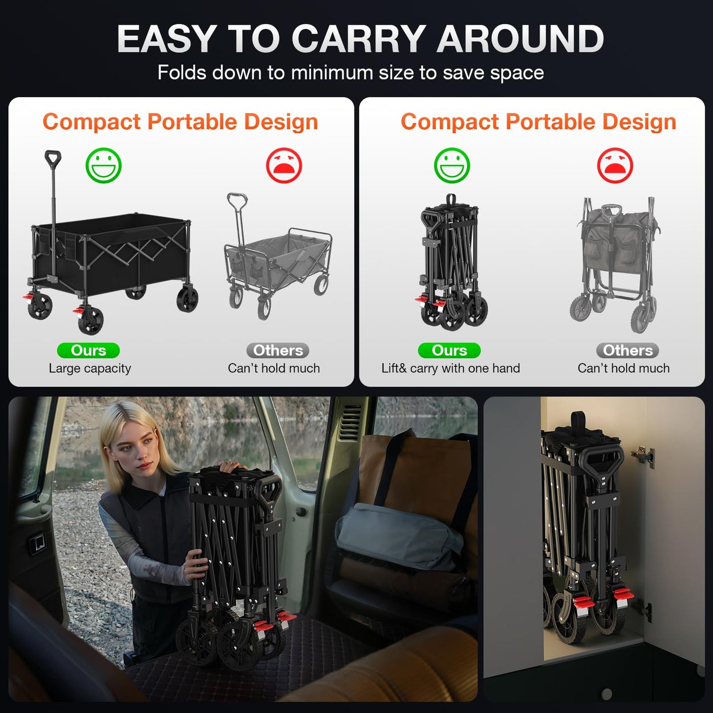 180L Large Capacity Collapsible Wagon Carts with Wheels,Foldable Wagon with 330LBS,Heavy Duty Shopping Cart,Portable Wagons Carts Foldable for Beach,Sports,Garden,Laundry,Outdoor-Black