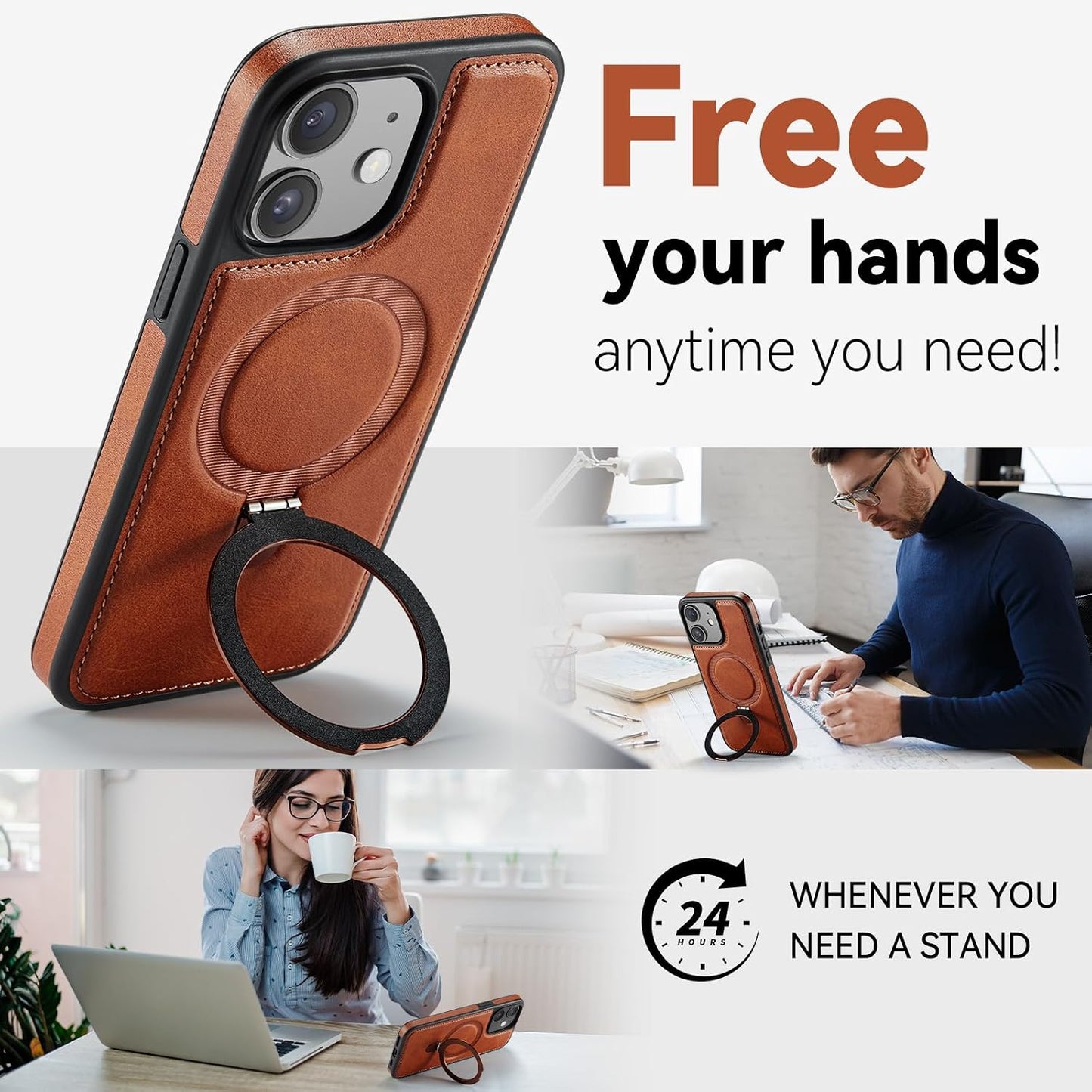 12/12 6.1", for iPhone Pro Case with Stand, Compatible with MagSafe, Slim PU Leather & TPU Drop-Proof Protective