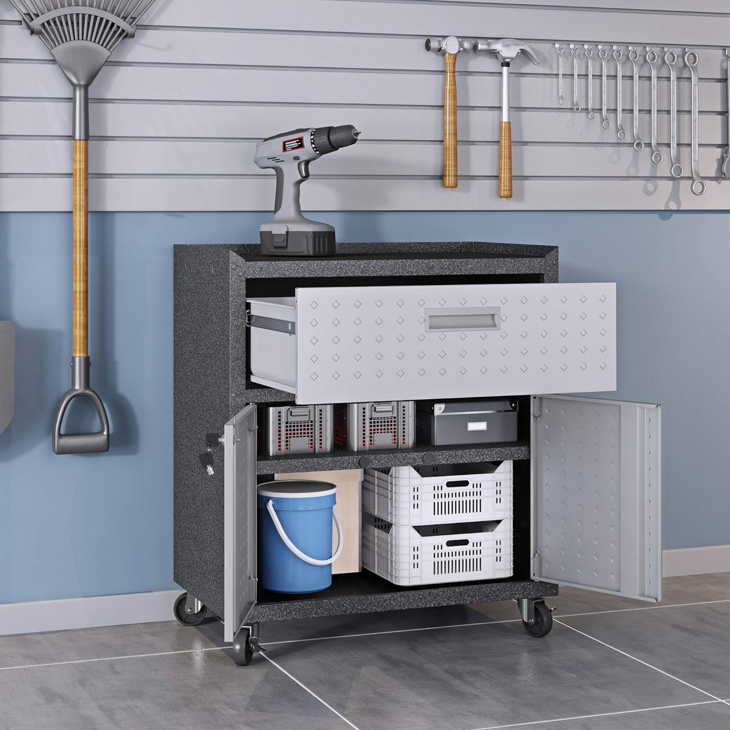 Manhattan Comfort Fortress Textured Metal 31.5" Garage Mobile Cabinet with 1 Full Extension Drawer and 2 Adjustable Shelves, Black/Gray