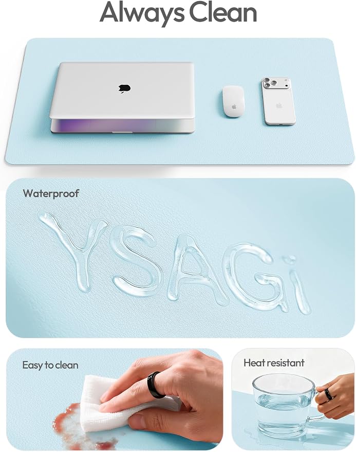 YSAGi Leather Desk Protector, Office Mat, Large Mouse Mat, Non-Slip PU Leather Blotter, Laptop Desk Mat, Waterproof Writing Pad for Office and Home(Baby Blue, 42" x 17.2")