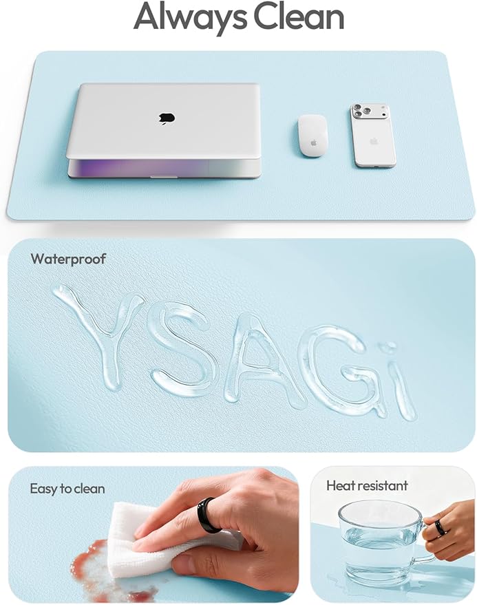 YSAGi Leather Desk Protector, Office Mat, Large Mouse Mat, Non-Slip PU Leather Blotter, Laptop Desk Mat, Waterproof Writing Pad for Office and Home(Baby Blue, 63" x 17.2")