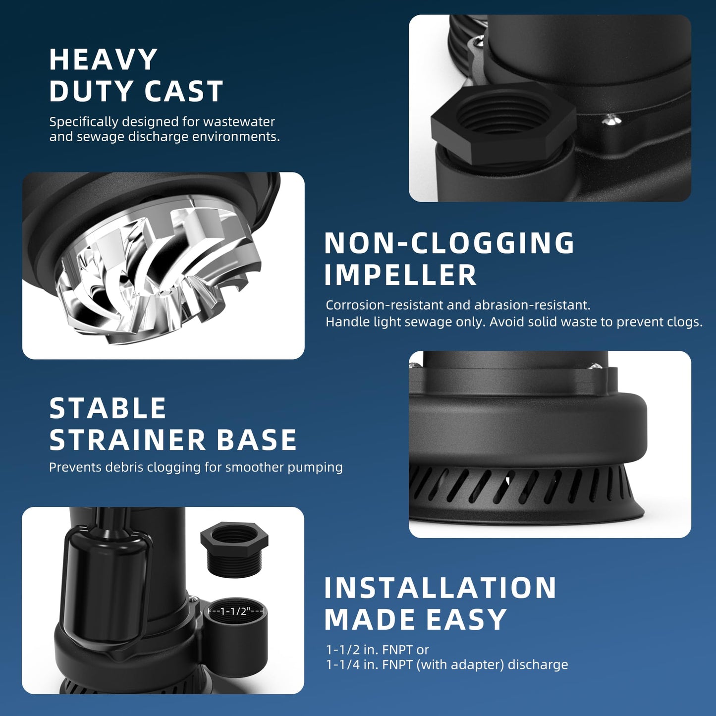 BYWTER 1/2 HP Sump Pump, 4200 GPH High Flow, 26 FT Lift, 115V Cast Iron Sewage Pump with Automatic Float Switch and Manual Control, Heavy Duty Sewage/Effluent Pump for Basement, 10 FT Power Cord