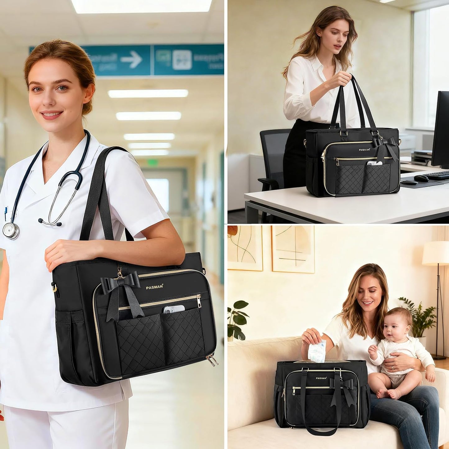 Teacher Tote Bag for Women,Multi-Pocket Laptop & Nurse Work Bag with Cup Holder,Structured Business Briefcase Computer