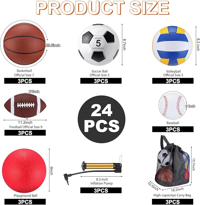 Leyndo 18 Pcs Sport Balls Bulk Set Basketball Football Volleyball Soccer Playground Baseball with Sport Equipment Bag Pump for Outdoor Indoor Practice Gift