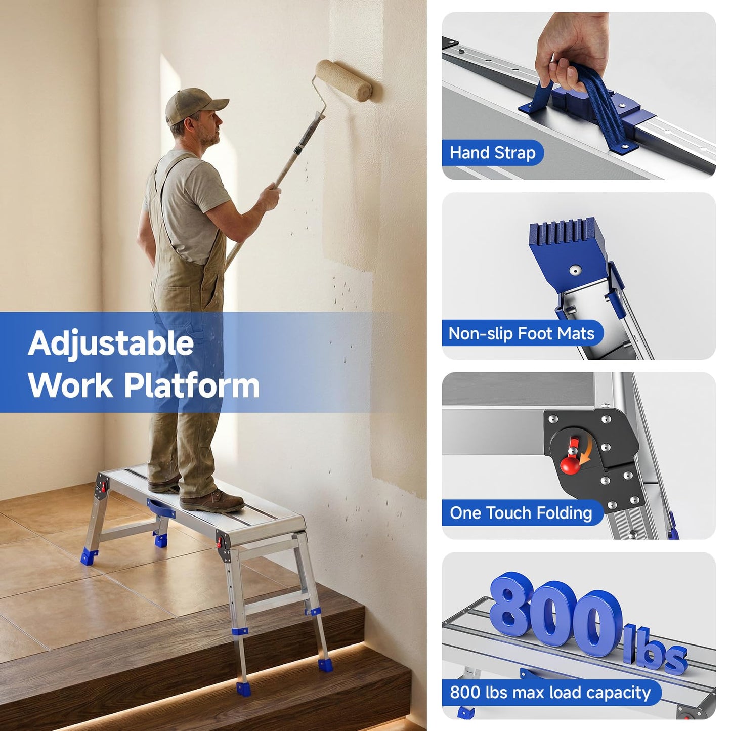 Loyoda Work Platform for Adults, Aluminum Foldable Long Step Stool Adjustable Height, Lightweight and Durable Portable Outdoor Aluminum Step Ladder, Maximum Load Capacity of 800 Pounds.