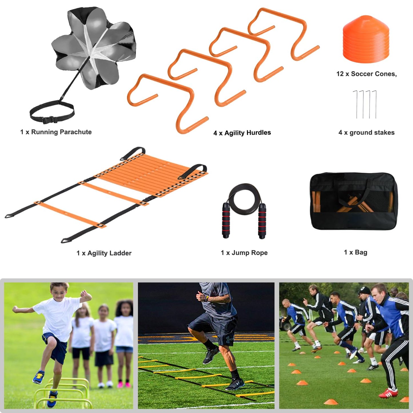 ENDIESS Agility Ladder Set 20ft, 4 Hurdles, 12 Soccer Cones, Jump Rope & Running Parachute - Speed Agility Training Equipment for Soccer Fitness Kids Youth Adults