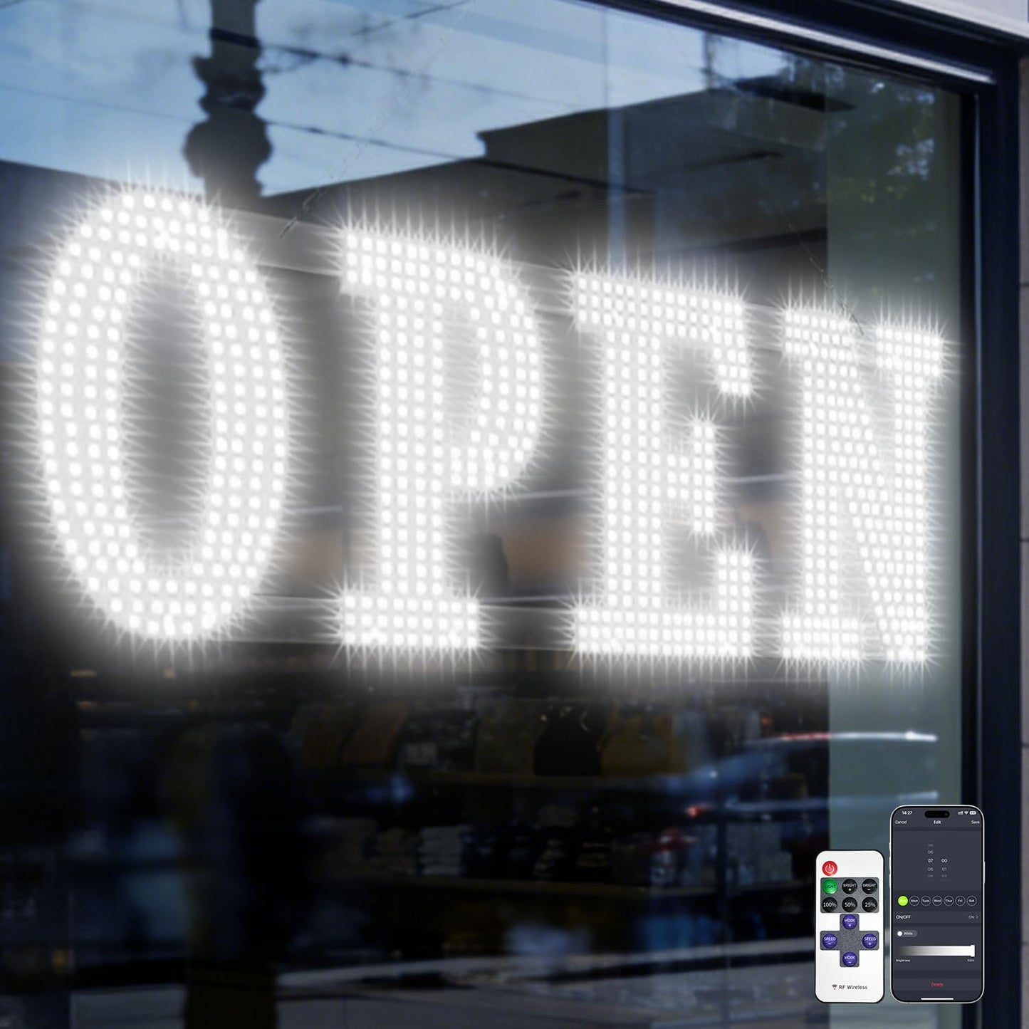 Open Sign for Business, 40"x14" Jumbo Open Sign with Timer and Remote Control, Dynamic Light Modes Led Signs for Storefront Window Bar Salon Cafes Retail Shops White